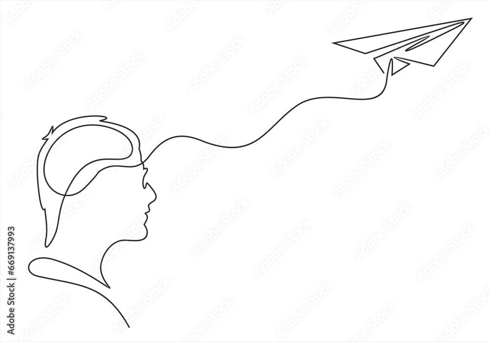 Mind and plane outline, idea in brain head of human, motion to target on airplane, continuous single one line drawing. Paper plane flying up. Power think, startup business, success. Vector