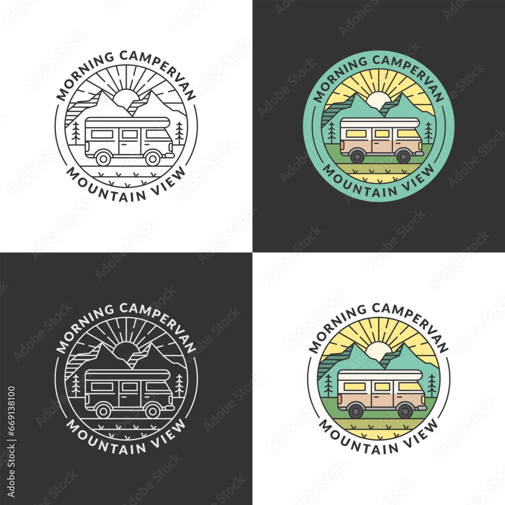 Obraz premium morning mountain and campervan badge monoline or line art style vector illustration