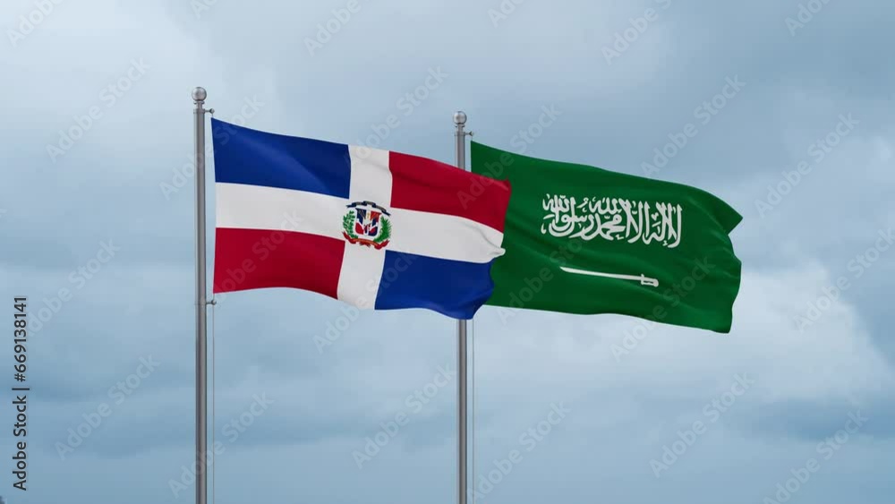 Dominican and Saudi Arabia flags waving together on cloudy sky, endless seamless loop Dominican and Saudi Arabia flags waving together on cloudy sky, endless seamless loop
