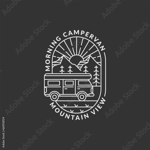 morning mountain and campervan badge monoline or line art style vector illustration
