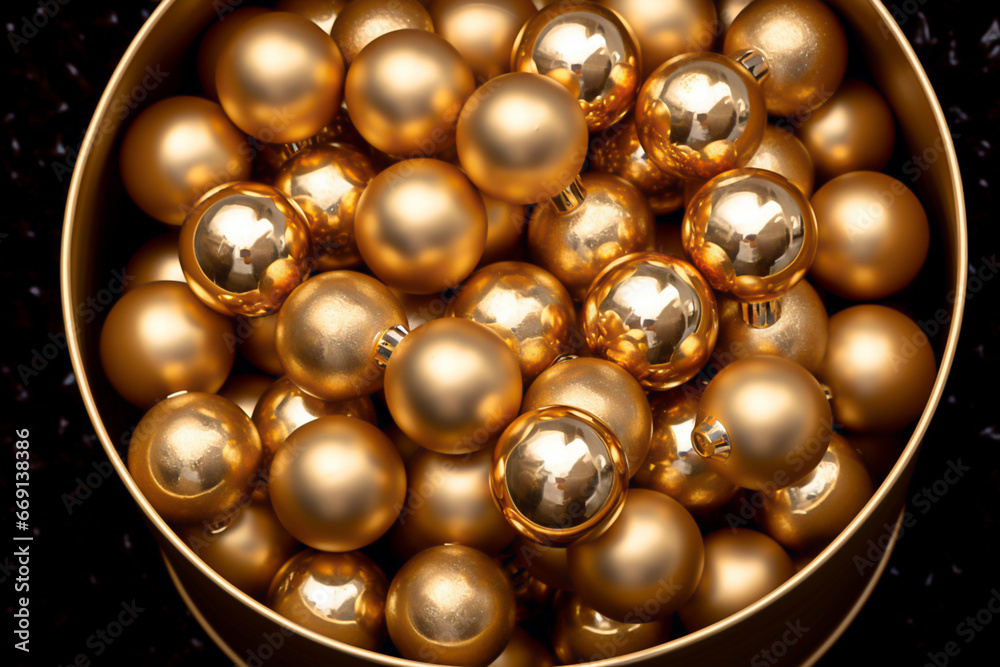 Golden Christmas balls, Christmas tree decorations in vibrant tones. Christmas decorations.