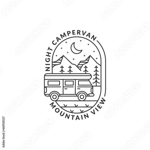 night mountain and campervan badge monoline or line art style vector illustration photo