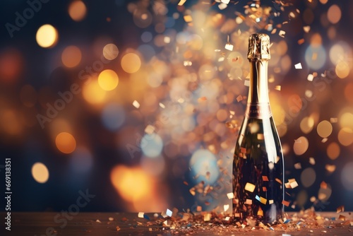 Celebration background, champagne bottle, bokeh lights, Christmas and New Year holiday