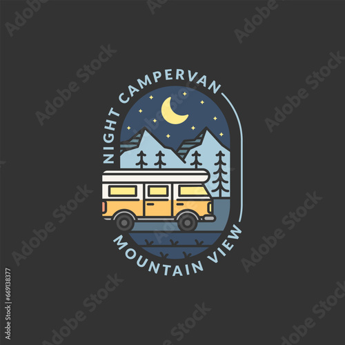 night mountain and campervan badge monoline or line art style vector illustration photo