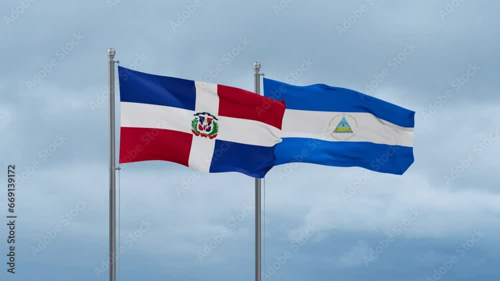 Nicaragua flag and Dominican flag waving together on cloudy sky, endless seamless loop, two country relations concept
