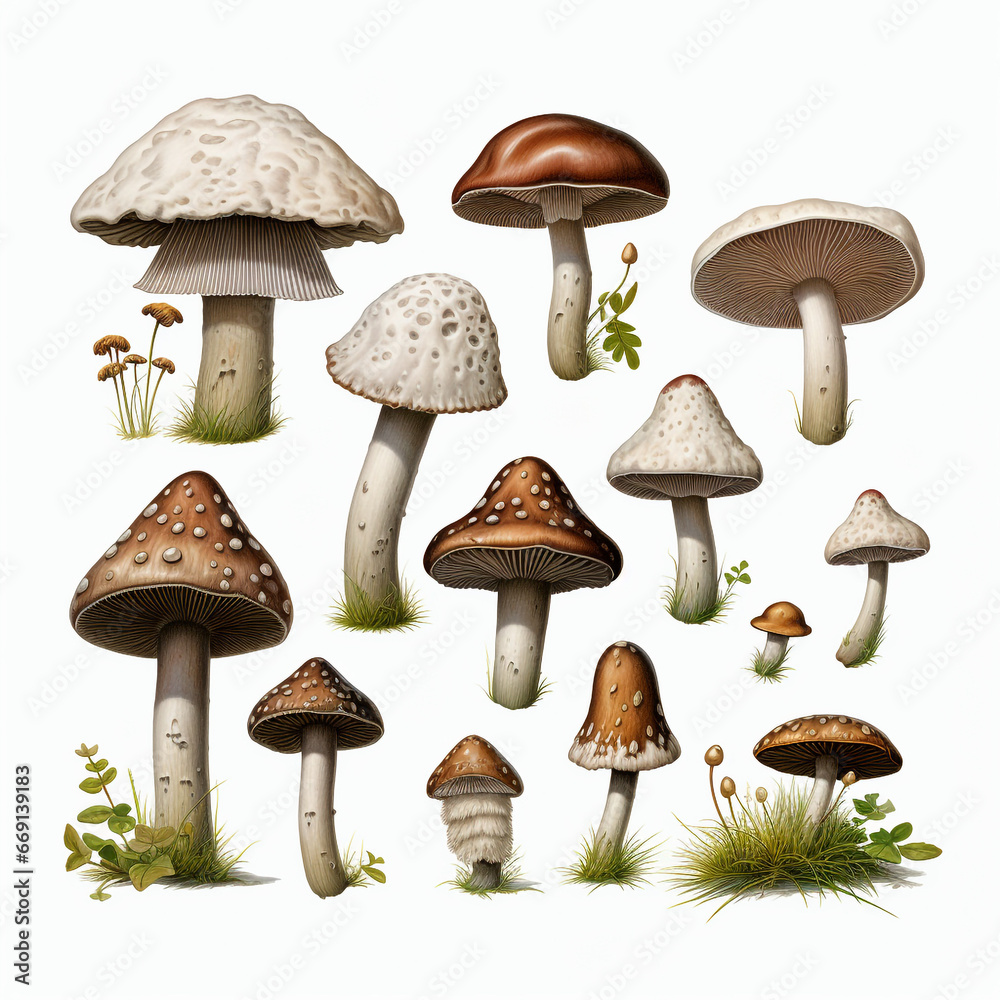 mushrooms on a white background, Types of mushrooms found in the forest, botanical illustration on white background.