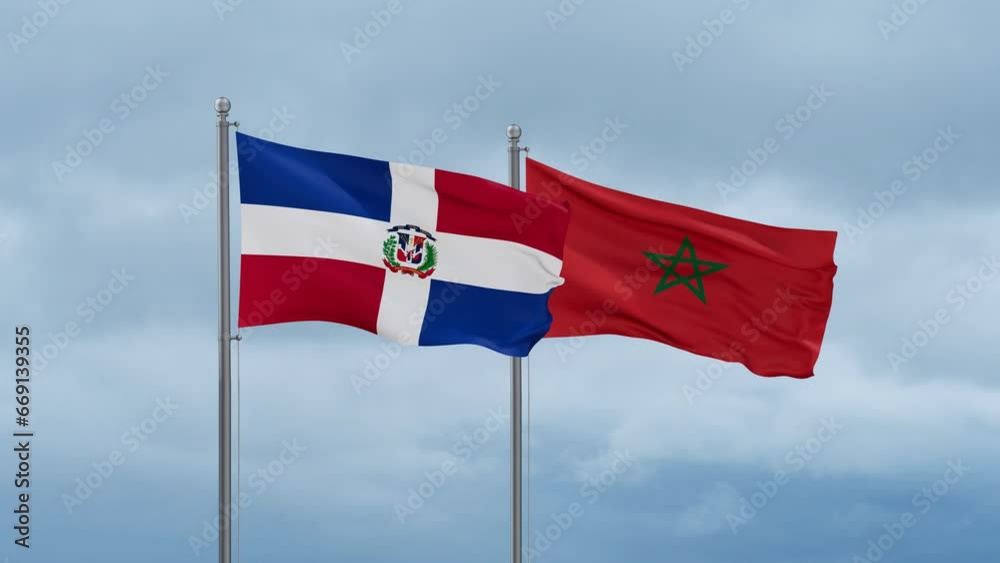 Morocco flag and Dominican flag waving together on cloudy sky, endless seamless loop, two country relations concept Morocco flag and Dominican flag waving together on cloudy sky, endless seamless loop, two country relations concept