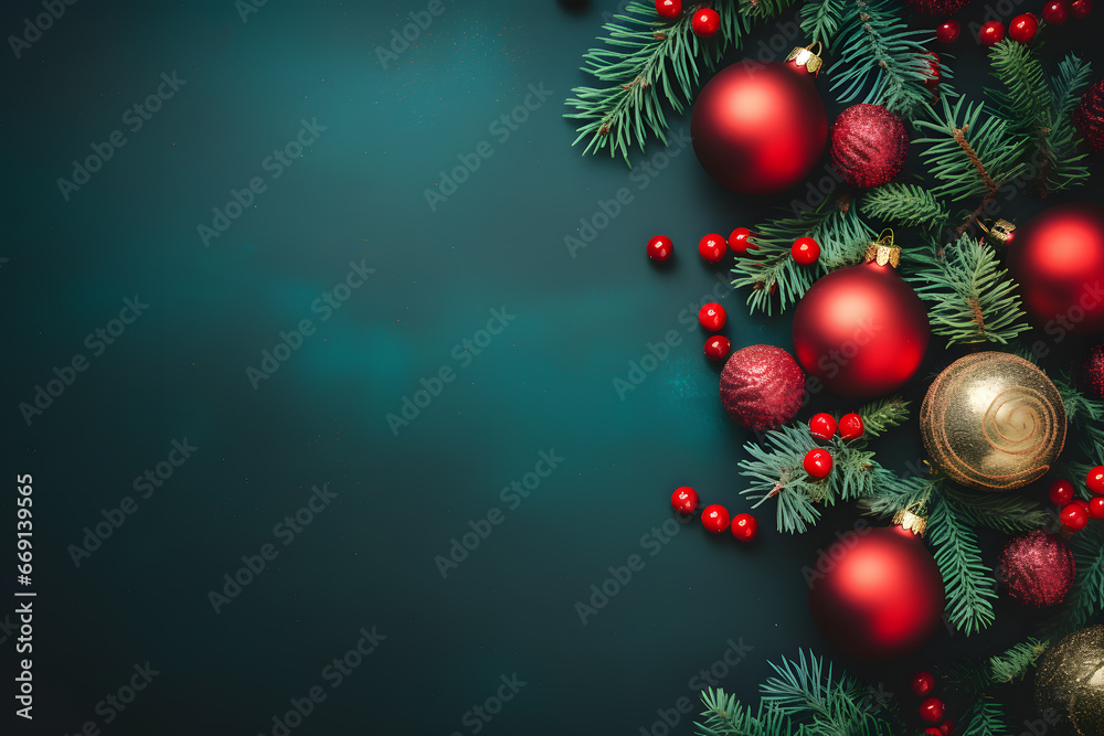 Seasonal Christmas decoration with baubles and fir branches on green background