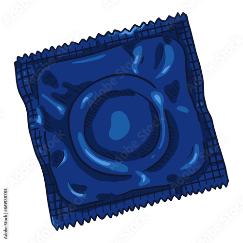 Vector Single Cartoon Condom in Blue Package.