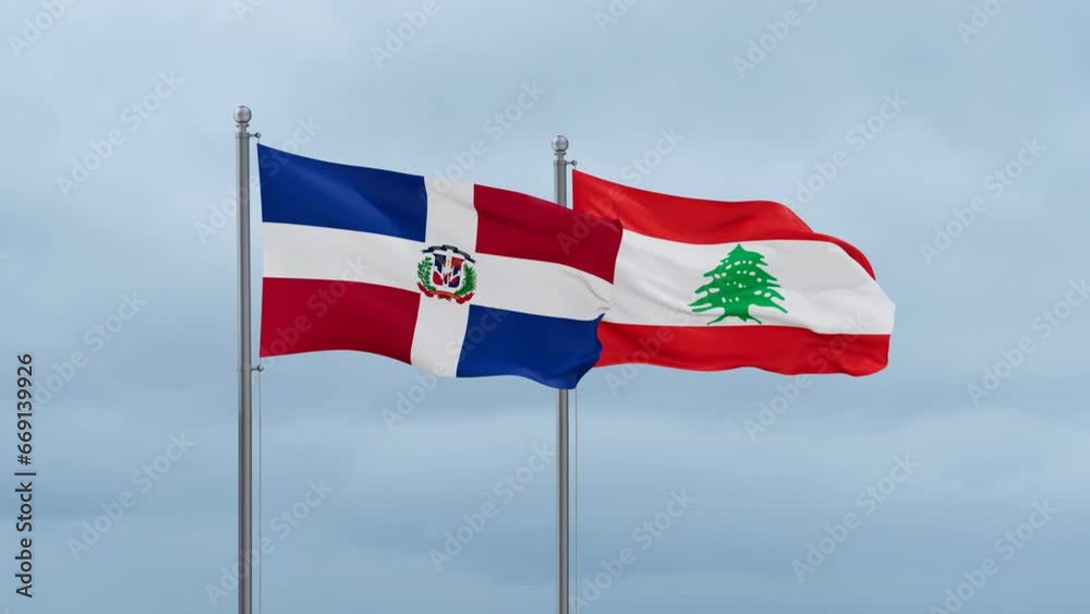 Lebanon flag and Dominican flag waving together on cloudy sky, endless seamless loop, two country relations concept Lebanon flag and Dominican flag waving together on cloudy sky, endless seamless loop, two country relations concept