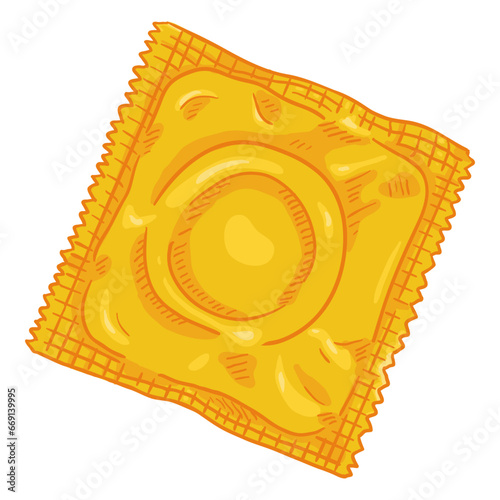 Vector Single Cartoon Condom in Yellow Package.