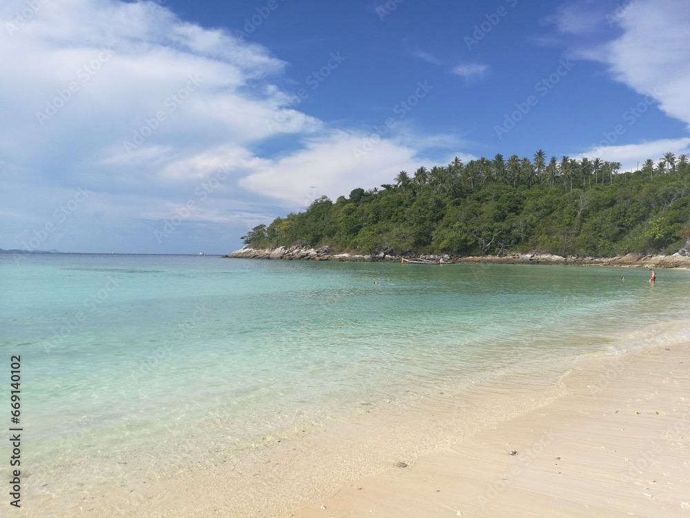 Deserted sandy Karon beach on Phuket island. The best beach in the world. Perfect place for yoga. Deserted sandy Karon beach on Phuket island. The best beach in the world. Perfect place for yoga.