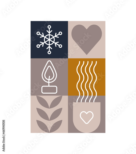 Trendy bauhaus pattern Christmas poster. Vector geometric winter shapes. Simple modern design elements. Fashion retro print for greeting card, web design