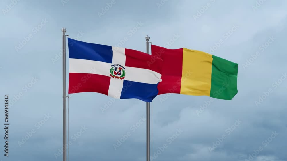 Republic of Guinea flag and Dominican flag waving together on cloudy sky, endless seamless loop, two country relations concept Republic of Guinea flag and Dominican flag waving together on cloudy sky, endless seamless loop, two country relations concept