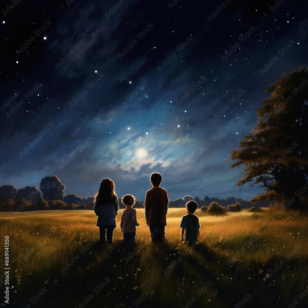 Four Children Standing Together in a Field While Staring at the Cosmos