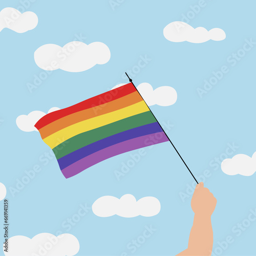 Hand hold rainbow flag blue cloud sky background. Pride month illustration. Lgbt love concept. Sexual rights fight poster. Lgbtq parade celebration. Colorful gay festival symbol. Freedom gender unity.