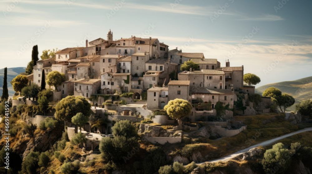 A picturesque village sits atop a hill, its whitewashed homes and cobbled streets creating a beautiful vista
