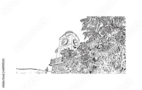 Building view with landmark of Skiathos is the island in Aegean Sea. Hand drawn sketch illustration in vector.