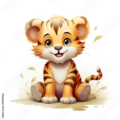 Illustration of a cute  healthy and happy-looking tiger cub. Isolated on white background.