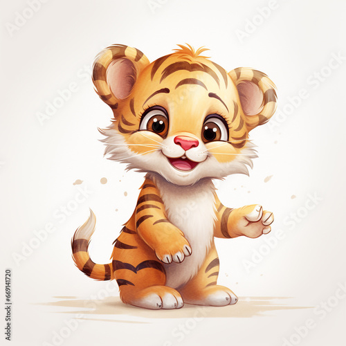 Illustration of a cute  healthy and happy-looking tiger cub. Isolated on white background.