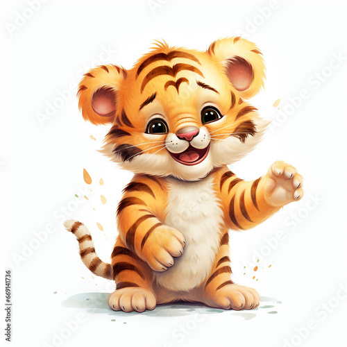 Illustration of a cute  healthy and happy-looking tiger cub. Isolated on white background.