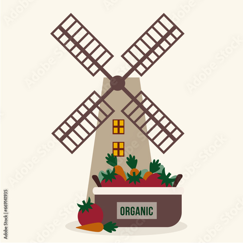 Flat Design Illustration with  Windmill and Organic Basket Vegetables