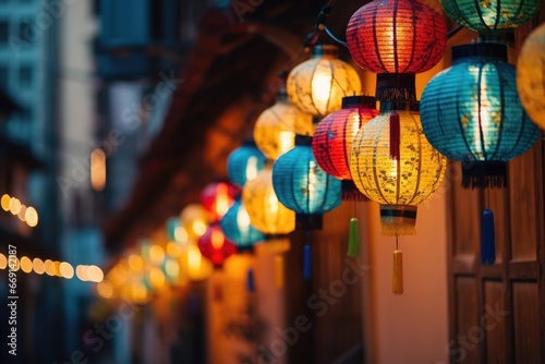 Hanging chinese lanterns over the street photo