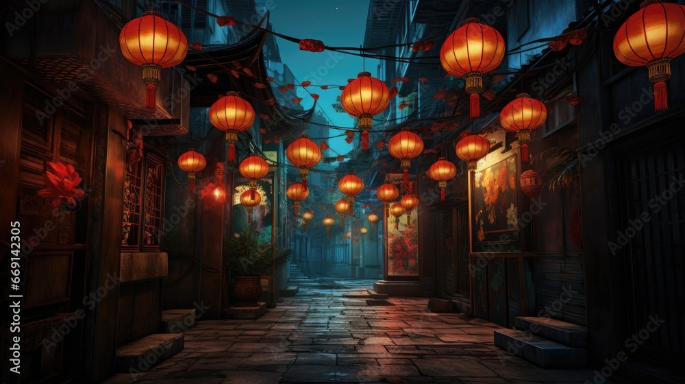 Naklejka premium Lanterns hanging across an old chinese street