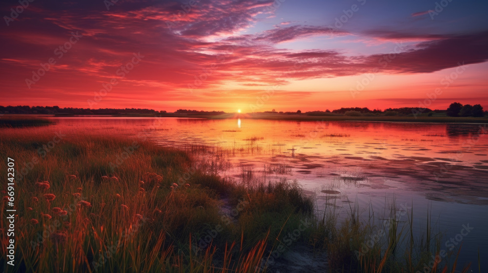 A picturesque view of a vibrant orange-pink sunset reflecting off a still lake, surrounded by a field of green grass