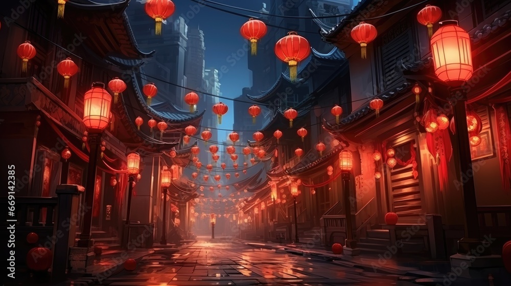 Obraz premium Lanterns hanging across an old chinese street