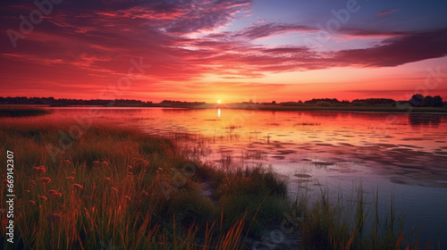 A picturesque view of a vibrant orange-pink sunset reflecting off a still lake  surrounded by a field of green grass