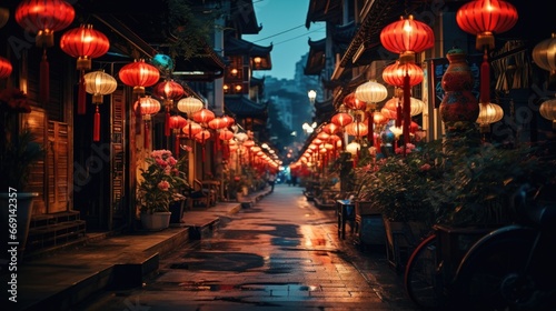 Lanterns hanging across an old chinese street © Marharyta