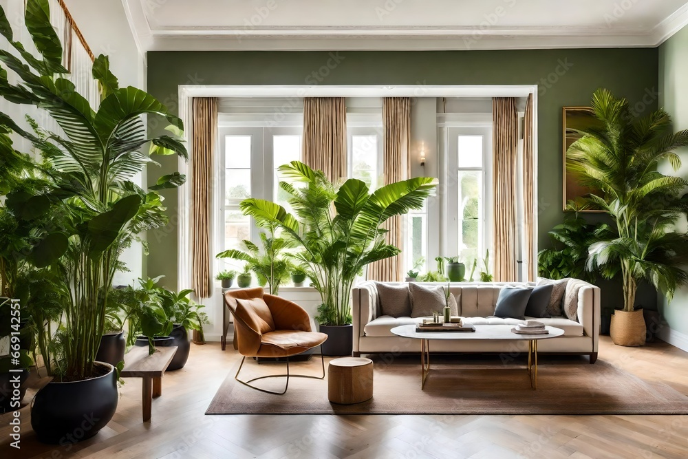 Fototapeta premium In a beautifully designed interior, verdant plants serve as both decoration and inspiration. The room is filled with an abundance of plants, creating a mini-urban jungle. Sunlight filters through the 