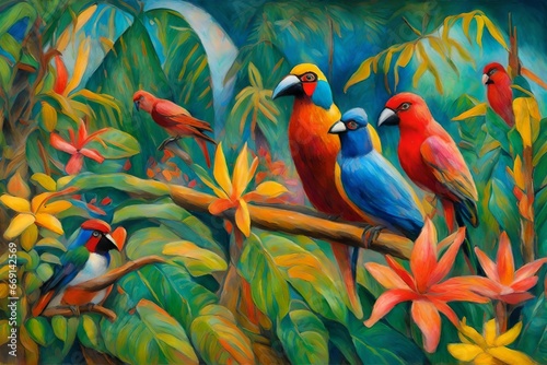 An oil pastel artwork in the spirit of Paul Gauguin  a tropical paradise with vibrant flora  exotic birds  and a sense of paradise and exoticism