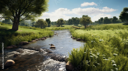 A picturesque river flowing through a tranquil meadow, with several small bridges crossing it