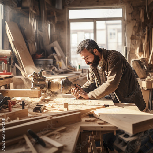 Carpenter working in a carpentry workshop. photo