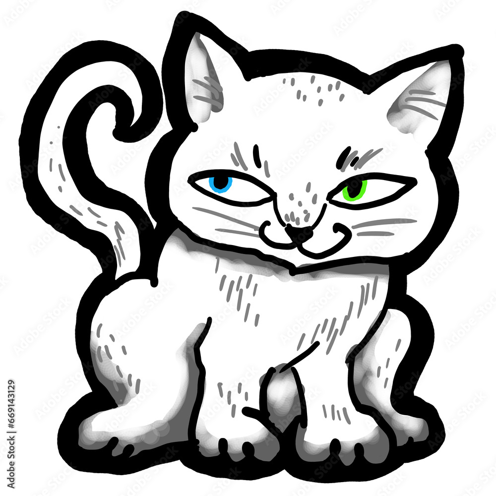 Obraz premium Cat cute, sweet with funny face. Lovely fluffy kitten best friend with big eyes. Home pet for baby, kids, boy or girl and family. Hand drown character. Cute lovely cartoon illustration drawn by hand.