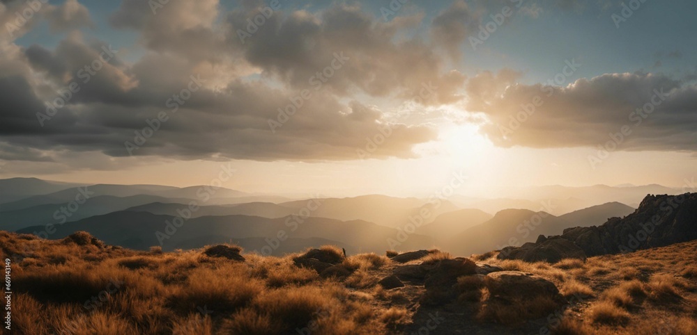 An AI illustration of the sun is setting over mountains in this view from the top of a hill