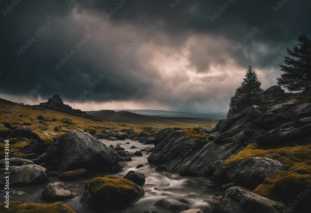 An AI illustration of a river running through some rocks and grass with a mountain in the background