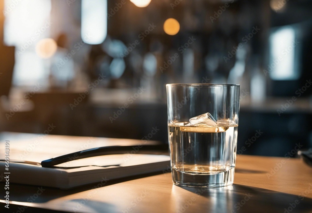 An AI illustration of an empty glass sits on the desk next to a pen