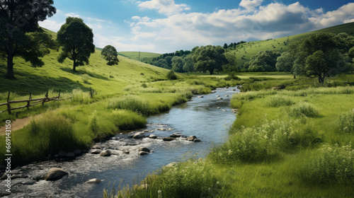 A picturesque river flowing through a tranquil meadow, with several small bridges crossing it