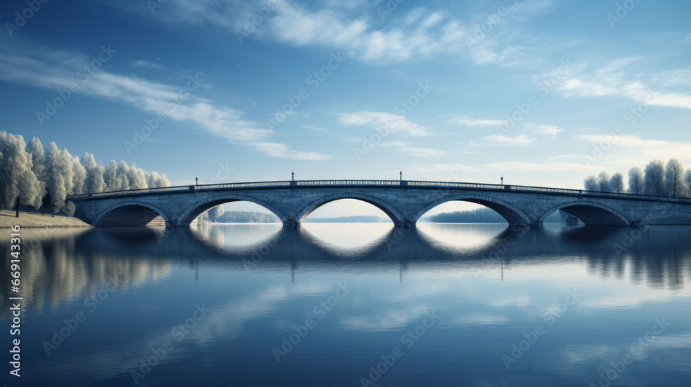 A picturesque bridge spans a peaceful lake, its arched structure silhouetted against the deep blue sky