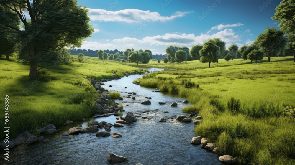 A picturesque river, winding through a lush, green valley, with several small bridges crossing it