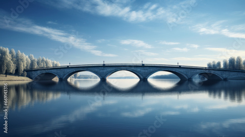 A picturesque bridge spans a peaceful lake, its arched structure silhouetted against the deep blue sky