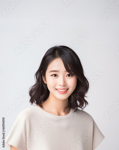 An Asian girl with captivating big eyes, a short bobtail hairstyle, and a subtle smile exudes cuteness and innocence against a semi desaturated gray backdrop. Generative AI. © Surachetsh