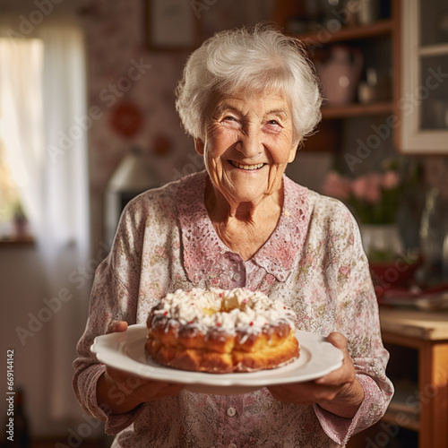Grandmother showing the cake she has made.