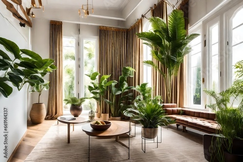 In a beautifully designed interior  verdant plants serve as both decoration and inspiration. The room is filled with an abundance of plants  creating a mini-urban jungle. Sunlight filters through the 