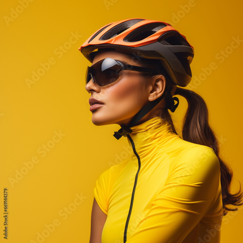 Cyclist woman with cycling equipment on a yellow background. © DALU11
