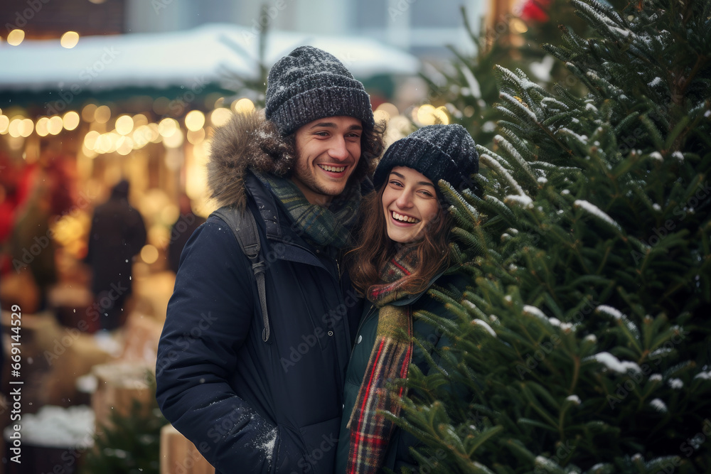 A happy young couple is choosing a Christmas tree at the Christmas tree market on the street. Preparation for the winter family holiday.