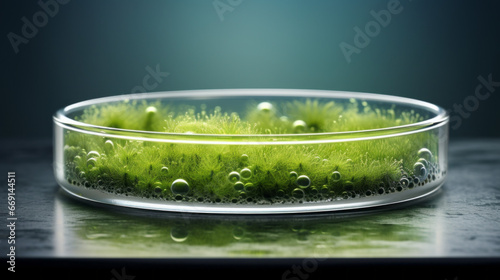 A petri dish with a culture of algae growing on its surface photo